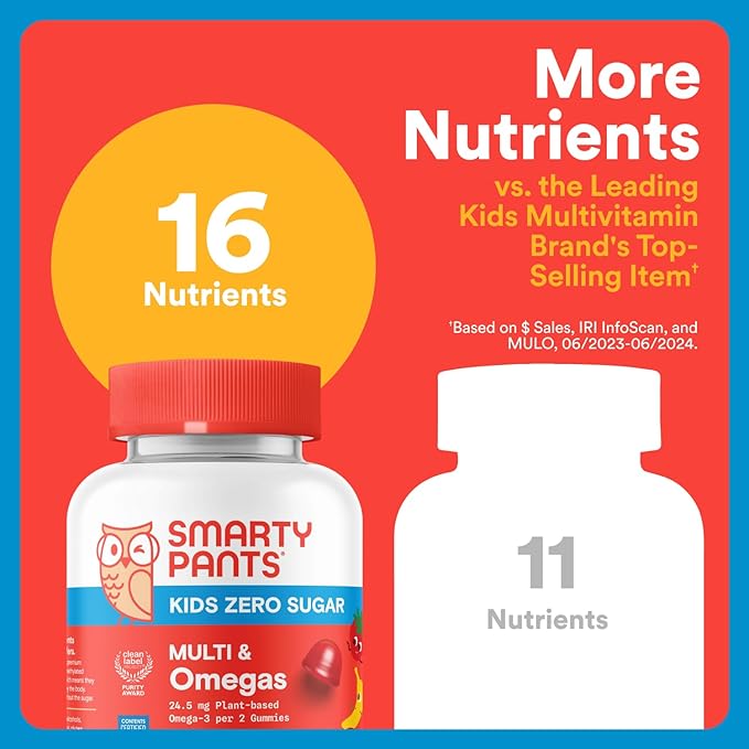 SmartyPants Kids Zero Sugar Multivitamin Gummies: Omega-3, Vitamins D, C, A, Plant-Based, Gluten Free, Strawberry Banana Flavor, 60 Count (30 Day Supply)