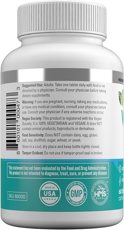 HAYAT Vitamins Vegan Natural Vitamin B12 1000 MCG, Dietary Supplement for Energy Metabolism Support, 2 Month Supply, All Natural, Certified Halal, 60 Tablets, Made in The USA