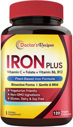 Doctor's Recipes Iron Supplement for Women Men - Gentle Iron Bisglycinate with Vitamin C, B6, Folate & B12, Stomach Friendly Iron Pills, 120 Vegan Caps