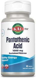 KAL Pantothenic Acid 1000mg, Sustained Release Vitamin B5 - Energy Supplements - Supports Metabolism of Carbs, Fat and Protein, Hair and Skin Health, Vegan, 60-Day Guarantee, 50 Servings, 50 Tablets