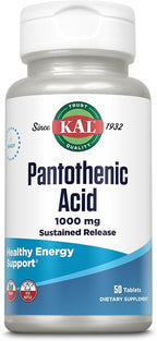 KAL Pantothenic Acid 1000mg, Sustained Release Vitamin B5 - Energy Supplements - Supports Metabolism of Carbs, Fat and Protein, Hair and Skin Health, Vegan, 60-Day Guarantee, 50 Servings, 50 Tablets