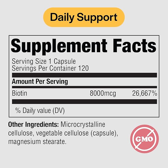 PureFormulas Biotin 8000 mcg Hair Skin Nails Biotin Supplement Biotina, Biotin Hair Growth Vitamins B7 Supplement for Women & Men 120 Capsules
