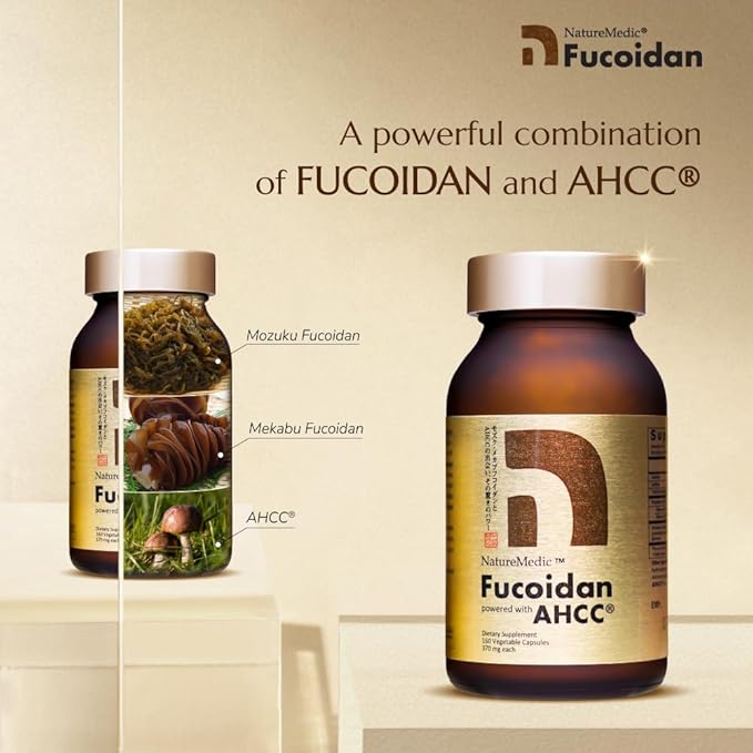 Fucoidan Powered with AHCC® Brown Seaweed Immunity Supplement with High Purity Mekabu Mozuku Agaricus 20 Bottles + Free 2 Bottles - 3520 Vegetable Capsules
