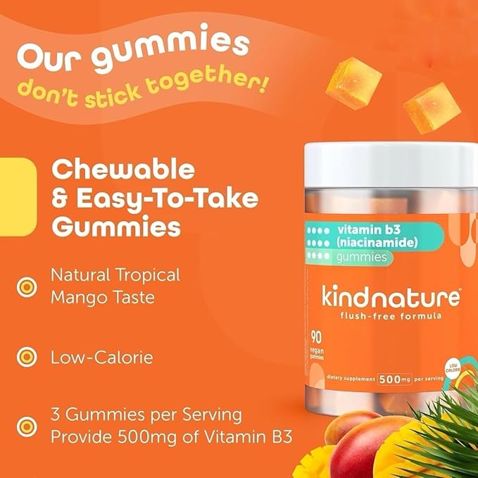 kindnature Vitamin B3 Niacinamide Gummies 500mg – Flush-Free Niacin Supplement – Supports Skin, Energy & Nervous System Wellness – Vegan, Non-GMO, Gluten-Free, Soy-Free – 90 Gummies