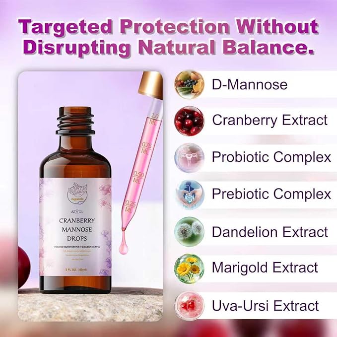 Cranberry & D-Mannose Drops for Women - Urinary* Tract Support - Liquid Herbal Tincture Supplement - Sugar-Free, Fast Absorption, 2 fl oz