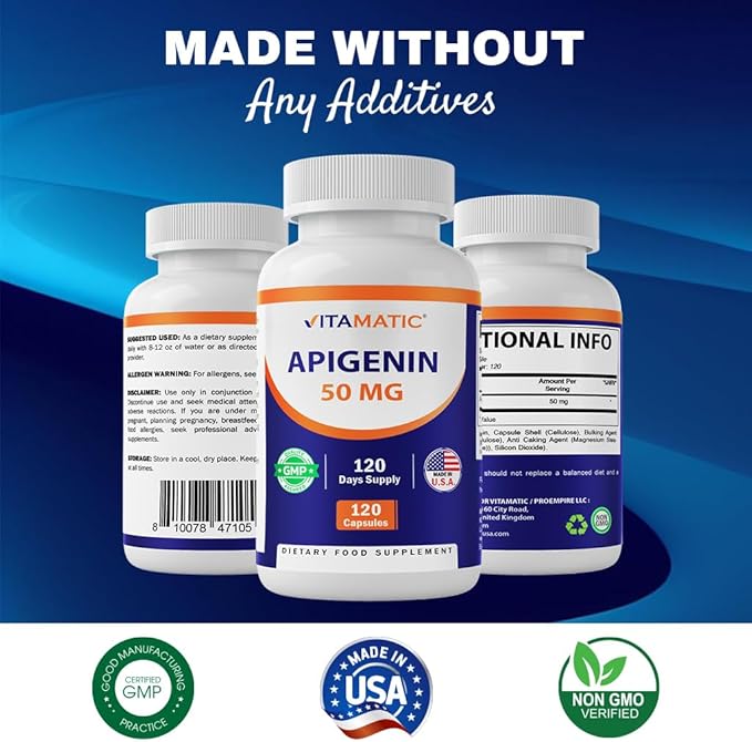 Vitamatic 2 Pack Apigenin 50mg - 120 Vegetarian Capsules - Bioflavonoid Support Prostate Health, Metabolism & Relaxation (Total 240 Capsules)