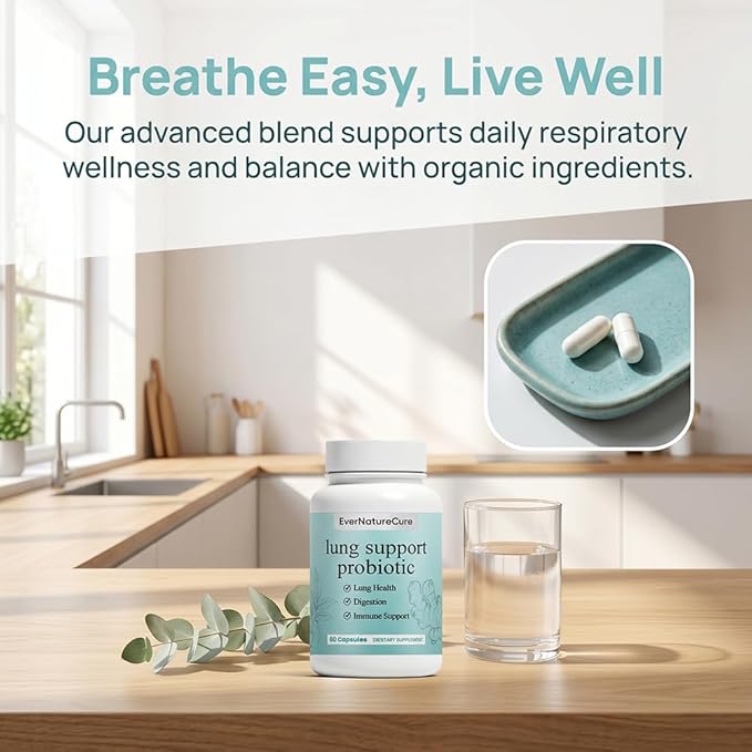 EverNatureCure Lung Support Probiotics, Ever Nature Cure Respiratory & Immune Support Supplement, with Vasaka Leaf & Turmeric Root Extract, 60 Capsules