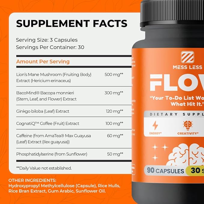 FLOW – Nootropic Brain Supplement for Focus, Memory, Creativity&Mental Clarity – Complete Daytime Cognitive Support with Lion’s Mane, Bacopa, Ginkgo, Guayusa | Vegan, Gluten-Free, Lab-Tested