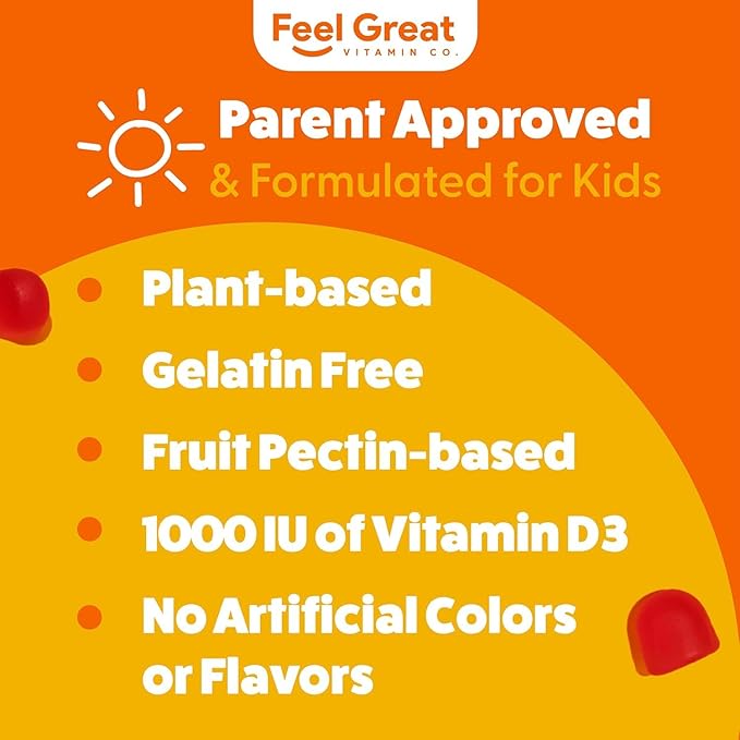 Feel Great Kids Vitamin D3 1000 IU Gummies (2-Pack) | Kids Vitamin D Gummies for Healthy Bones, Mood, & Immune Support | Citrus Flavored Vegetarian D3
