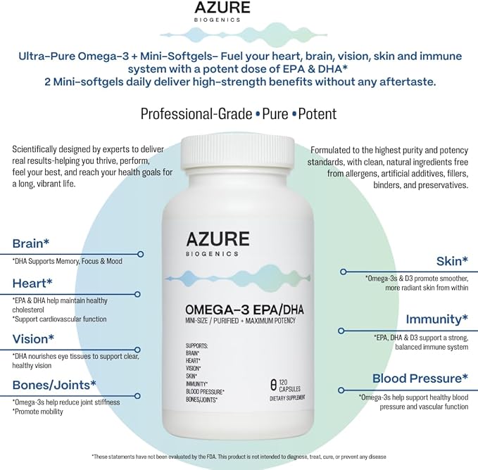 Omega-3 Supplement-High Potency EPA/DHA Fish Oil- Supports Brain, Heart, Vision, Skin, Immunity, Blood Pressure & Bones/Joint*-Molecularly Distilled, Ultra-Purified-120 Easy to Swallow, Mini Softgels