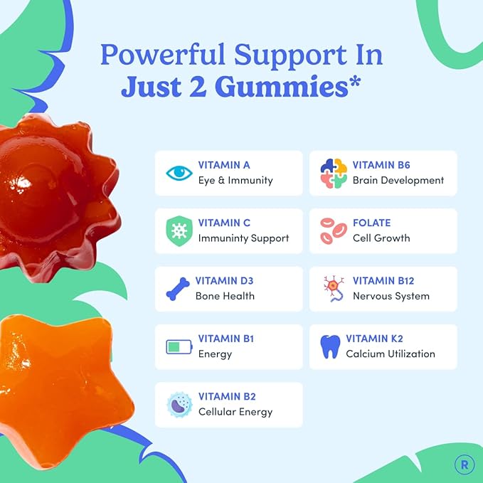 FIRST DAY Kids Multivitamin Gummies Age 4+, Strawberry & Orange - Kids Vitamins Multivitamin Gummy A C D3 K2 B1 B2 B6 B12 Folate, Immunity & Brain Function, Vegan - 60 Day Supply, Packaging May Vary