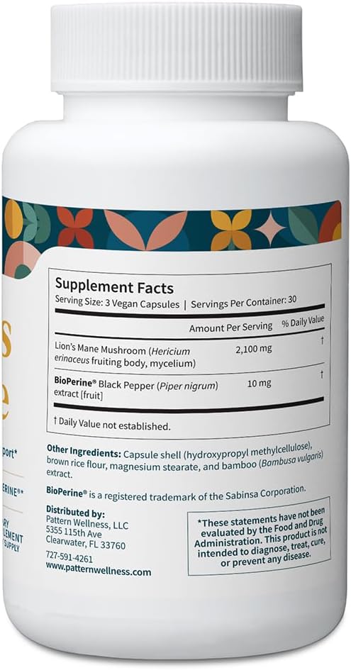 Pattern Wellness Lion’s Mane Mushroom – Supplement Capsules for Cognitive & Focus Support – Enhanced Absorption – 90 Vegan Capsules