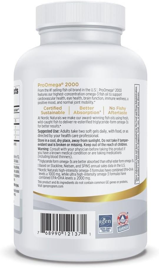 Nordic Naturals ProOmega 2000, Lemon Flavor - 120 Soft Gels - 2150 mg Omega-3 - Ultra High-Potency Fish Oil - EPA & DHA - Promotes Brain, Eye, Heart, & Immune Health - Non-GMO - 60 Servings