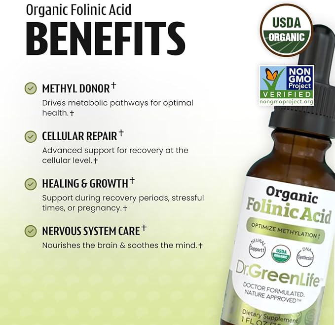 Dr. Green Mom USDA Organic Folinic Acid Drops - 500 mcg per Drop | Methylation Support B9 Supplements for Kids & Adults | Supports Neurological Function, Nervous System Health & DNA Synthesis