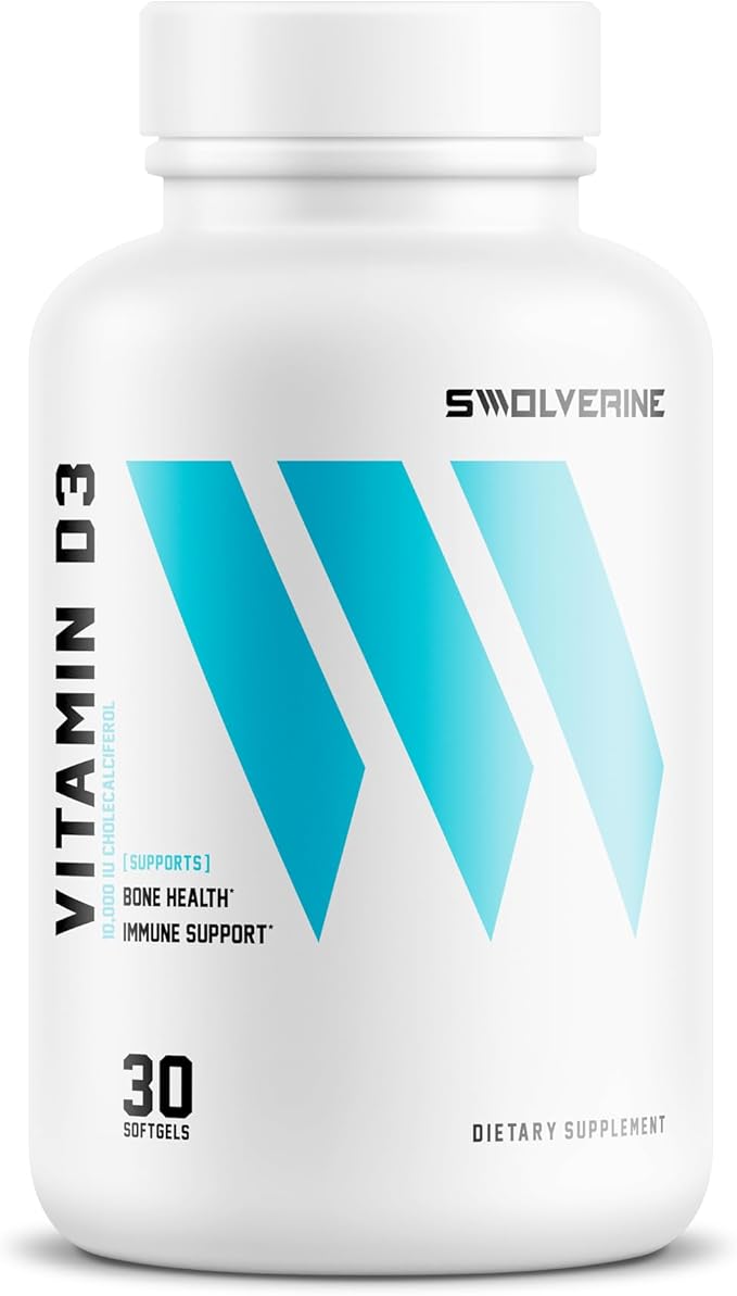 Swolverine Vitamin D3 | Healthy Muscle Function, Bone Health, Immune Support, Mood Support, 10000 IU Encapsulated in Olive Oil for Optimal Absorption (30 Soft Gels)