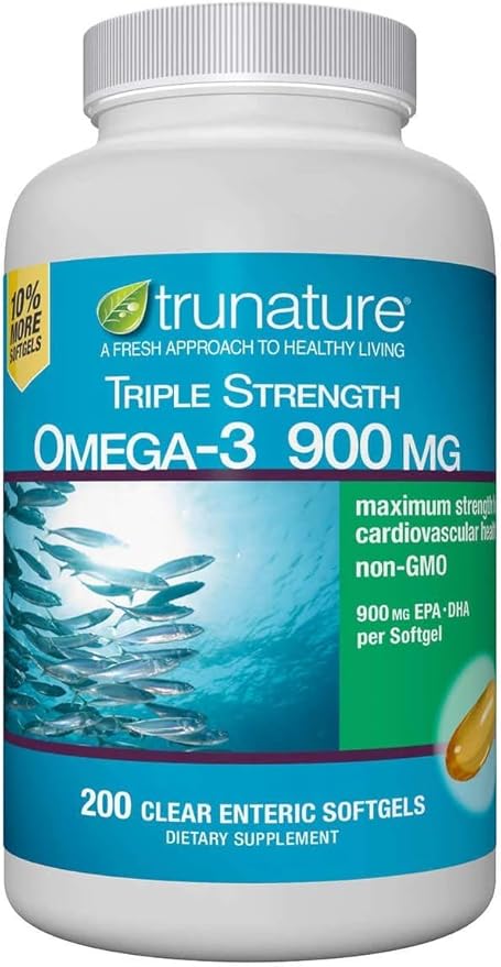 Non GMO Triple Strength Omega-3 900 mg., Total Fish Oil Concentrate 1425 mg - 200 Clear Enteric Softgels