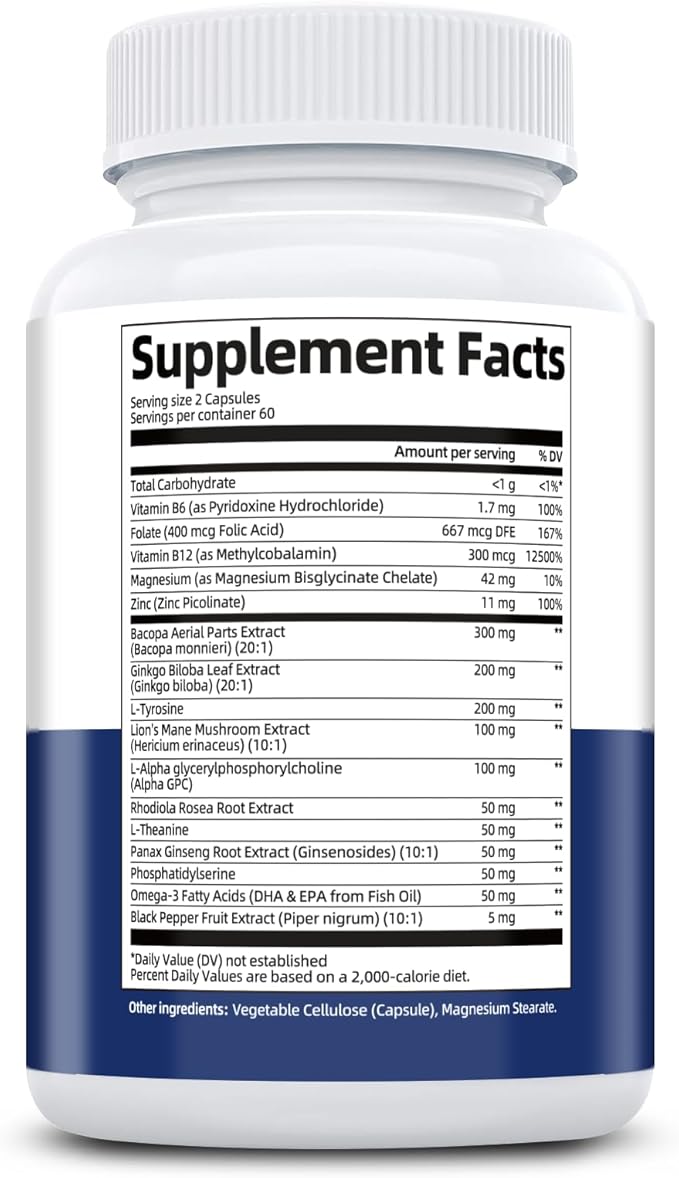 2-Pack Brain Supplements for Memory & Focus | Nootropic with Bacopa, Lion's Mane, Alpha GPC | Mental Clarity & Cognitive Support | Vitamin B6 & B12 – 240 Caps (120/Bottle)