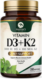D3 K2 Vitamin - 5000 IU D3 Per Serving - High Potency Vitamin D3 Supplement - Advanced 2-in-1 Complex Vitamin D & Vitamin K2 (MK7) - Easy to Swallow, Bone & Immune Support - USA Bottled - 240 Softgels