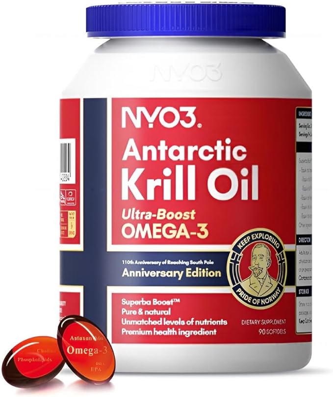 NYO3 Pure Antarctic Krill Oil Omega 3 Supplement, 56% Phospholipids for Maximum Nutrient Delivery, Upgraded Fish Oil with Choline & Antioxidant Astaxanthin for Heart Brain, No Fishy Burps, 90 Softgels