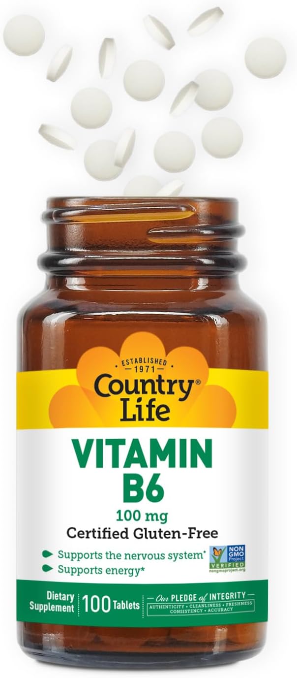 Country Life Vitamin B-6, Supports Energy and The Nervous System, 100mg, 100 Vegan Capsules, Certified Gluten Free, Vegan, Halal, Non-GMO Verified