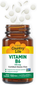 Country Life Vitamin B-6, Supports Energy and The Nervous System, 100mg, 100 Vegan Capsules, Certified Gluten Free, Vegan, Halal, Non-GMO Verified