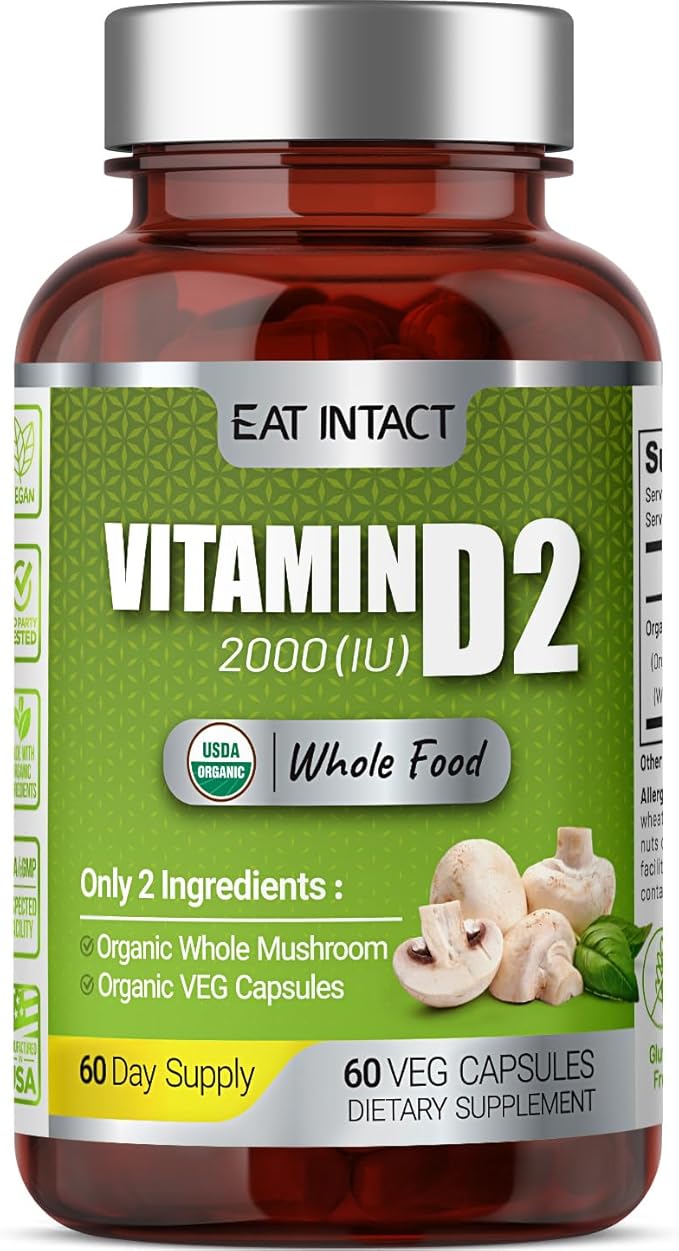 Vegan Whole Food Vitamin D, 2000 IU (50 mcg), D2, Two Ingredients (Organic Whole Mushroom and Organic Vegan Capsule), Non-GMO, Third Party Tested, 60 Day Supply