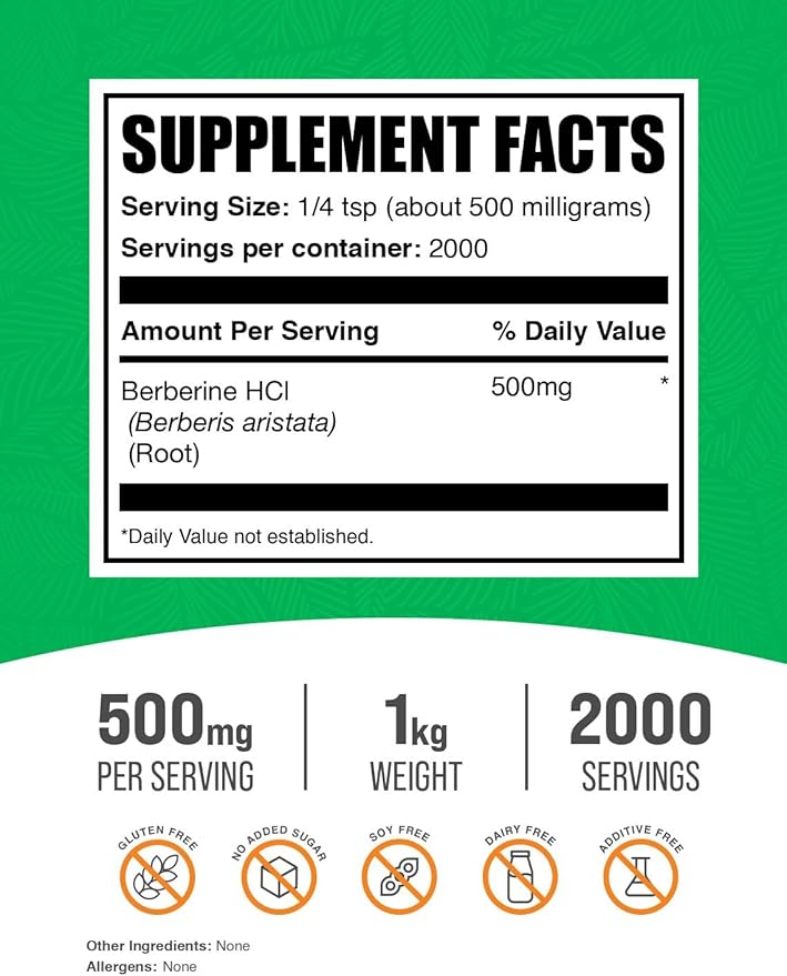BulkSupplements.com Berberine HCl Powder - Berberine Supplement, Berberine Powder - Gluten Free, 500mg per Serving, 1kg (2.2 lbs) (Pack of 1)