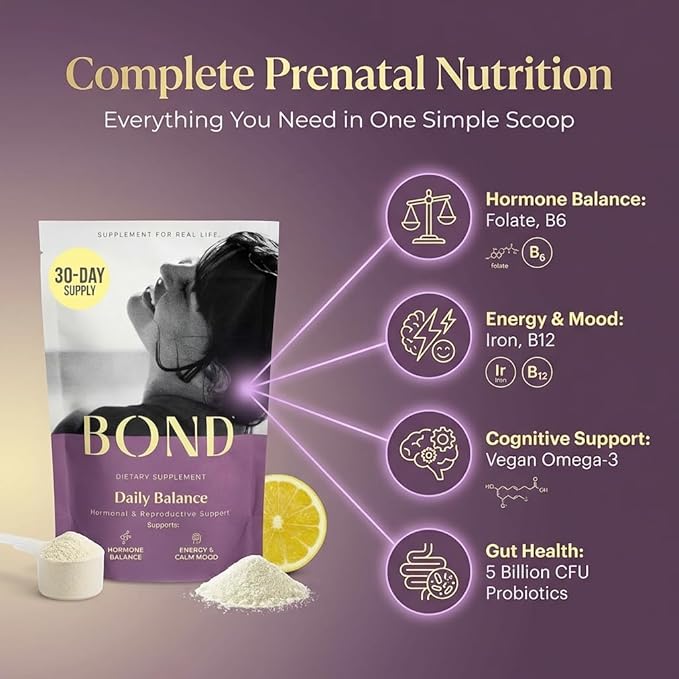 BOND Prenatal Vitamin Drink Mix for Women with Iron, Supports Hormone Balance, Folate & B12 for Energy & Calm Mood, Plant-Based Omega-3 for Cognitive Support, Magnesium, D3, B6, Non-GMO, 30-day Supply