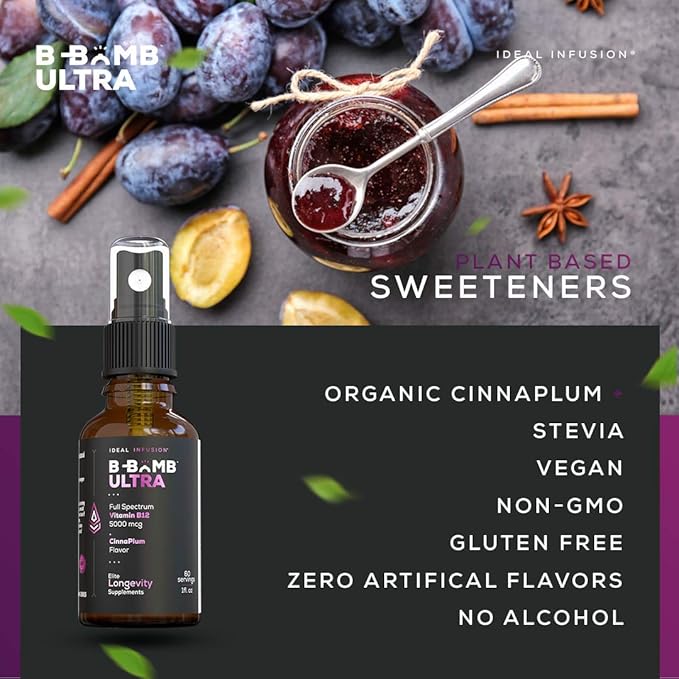 Ideal Infusion B-Bomb Triple B12 Vitamin Liquid Spray: Methylcobalamin, Adenosylcobalamin, Hydroxocobalamin - Nerve Health and Energy Booster- 5000 mcg, Keto, Sugar Free (Organic CinnaPlum)