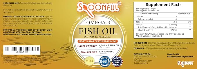 Spoonful Mini Omega 3 Fish Oil, iFOS Certified, 1290 mg Per Serving, 120 Softgels Pearls, Small Size Easy to Swallow Capsules, Made in USA