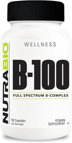 NutraBio B-100, B Vitamin Complex, Immune System Support, Healthy Hair, Skin, Nails, 90 Vegetable Capsules