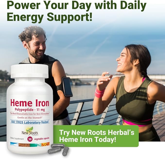 NEW ROOTS HERBAL Heme Iron Supplement | 4-in-1 Formula with Vitamin C, B12, Folate for Best Absorption | Raise Hemoglobin & Ferritin for Women & Men, Low-FODMAP (30 Capsules)