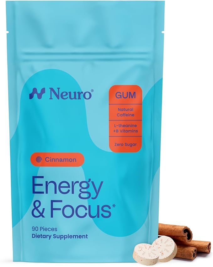Neuro Energy & Focus Gum - 40mg Natural Caffeine Gum & Nootropic Energy Supplement with L-Theanine & B Vitamins - Sugar Free, Vegan - Cinnamon, 90ct