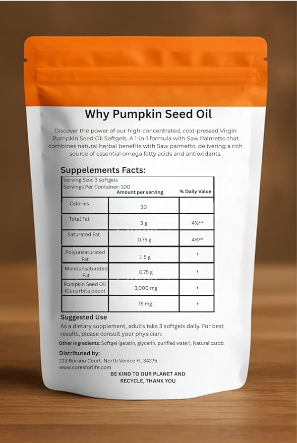 Pumpkin Seed Oil with Saw Palmetto – 3000mg Per Serving, 300 Softgels | Cold Pressed Virgin Oil | Supports Prostate, Bladder, Urinary & Hair Health | Non-GMO