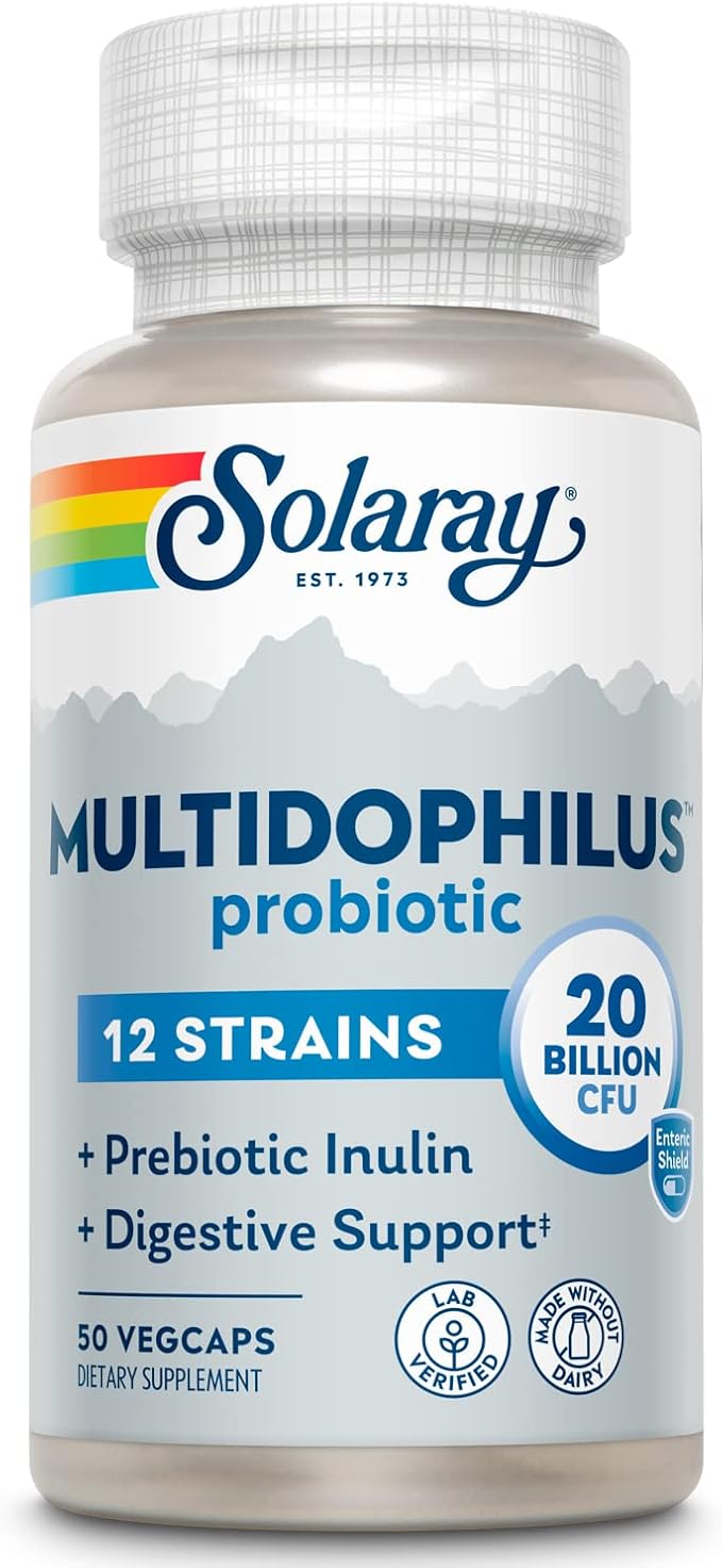 SOLARAY Multidophilus 12 Strain Probiotic 20 Billion CFU, Probiotics for Digestive Health and Gut Health Support w/Prebiotic Inulin, Made Without Dairy, 60 Day Guarantee, 25 Serv, 50 Enteric VegCaps