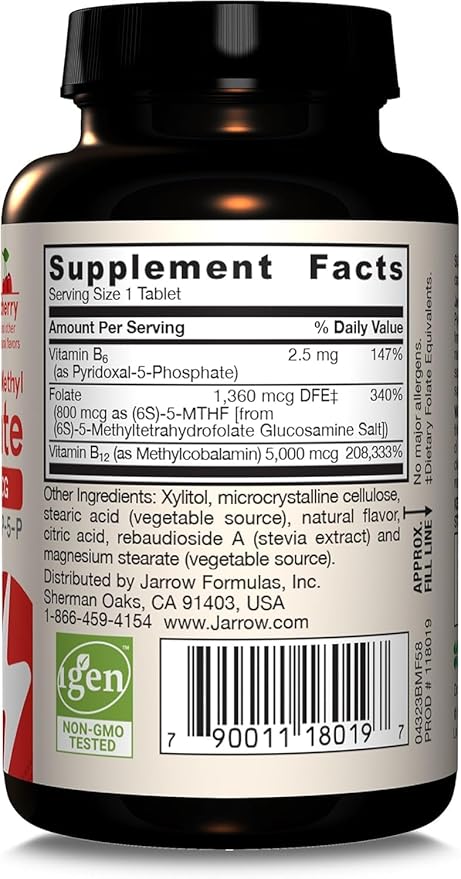 Jarrow Formulas Methyl B-12 & Methyl Folate, Bioactive Vitamin B9 and Vitamin B12 Supplement, Healthy Brain Function & Metabolism, 60 Chewable Tablets, 60 Servings (Pack of 2)