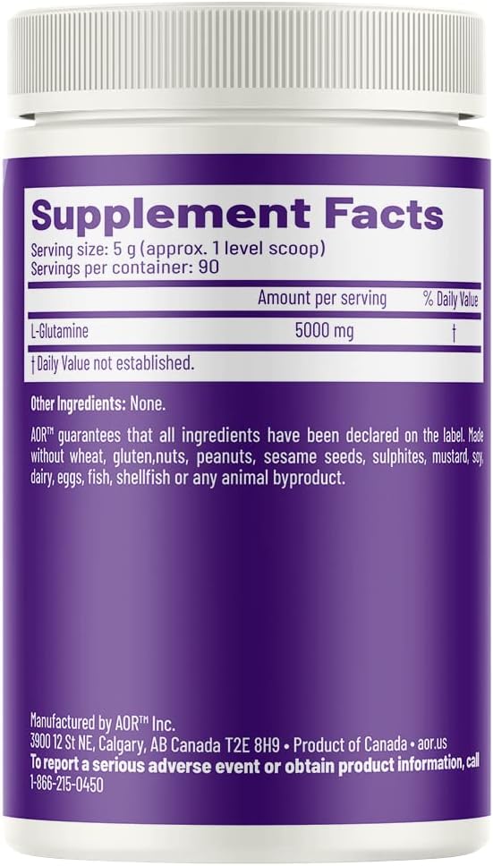 AOR L-Glutamine Powder 5000mg, 450g (90 Servings) – Clean Amino Acid for Active Lifestyles & Daily Wellness Support, Product of Canada