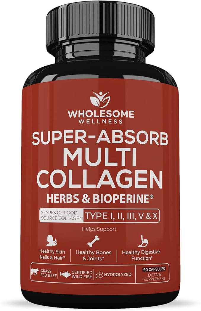 Wholesome Wellness Liposomal Vitamin C Capsules (200 Pills 1500mg Buffered) + Super-Absorb Multi Collagen Pills (Type I II III V X) Organic Herbs and Bioperine Bundle