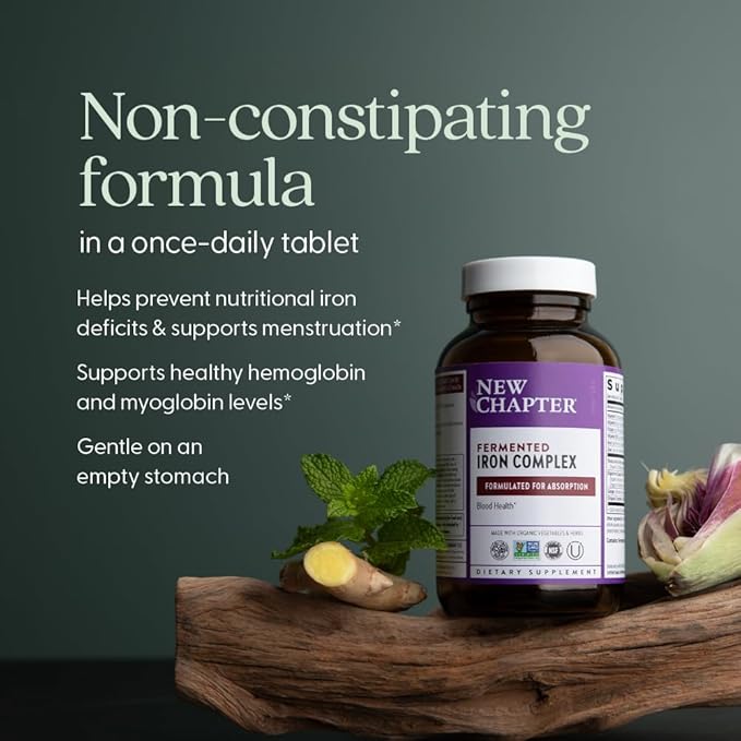New Chapter Iron Supplement, Whole-Food Fermented Iron Complex Made with Organic Vegetables & Herbs + One Daily Non-Constipating Dose- 90ct, 3 Month Supply