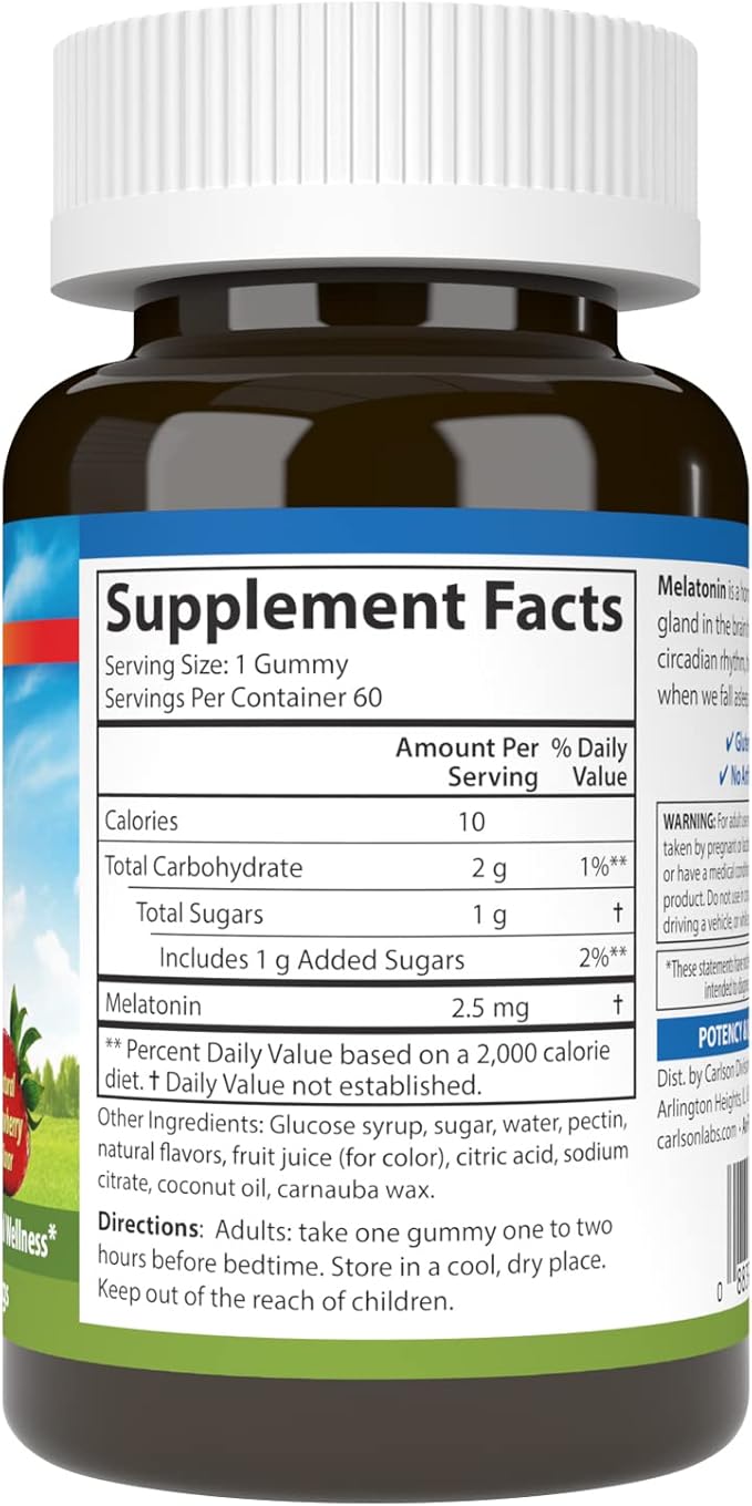 Carlson - Melatonin Gummies, 2.5 mg, Healthy Sleep, Promotes Relaxation, Natural Strawberry Flavor, 60 Gummies