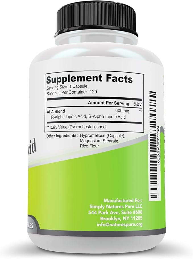 Simply Natures Pure Alpha Lipoic Acid 600mg 120 Veggie Capsules, Non-GMO Thioctic Acid 4 Month Supply
