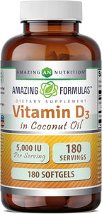 Amazing Formulas  Vitamin D3 with Coconut Oil Supplement |  5000  IU Per Serving | 180 Softgels | Non-GMO | Gluten Free | Made in USA