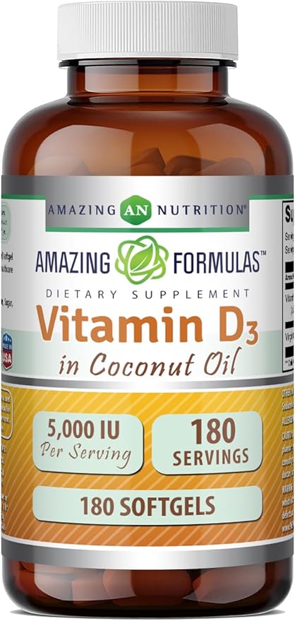 Amazing Formulas  Vitamin D3 with Coconut Oil Supplement |  5000  IU Per Serving | 180 Softgels | Non-GMO | Gluten Free | Made in USA