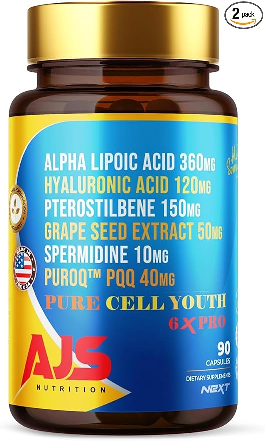AJS Pure Cell Youth 6X PRO, 90 Capsules -PQQ 40mg, R-Lipoic Acid 360mg, Sodium Hyaluronate 120mg, Pterostilbene 150mg, Grape Seed Extract 50mg, Spermidine 10mg (180 Count (Pack of 2))