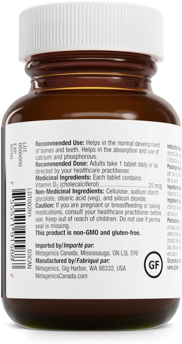 Metagenics Vitamin D3 1000 IU - Vitamin D Supplement for Healthy Bone Formation, Cardiovascular Health, and Immune Support - 120 Count