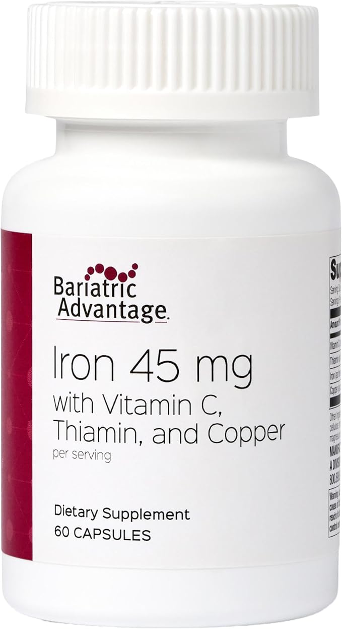 Bariatric Advantage Iron 45 mg with Vitamin C, Thiamin & Copper - Increased Absorption and Utilization - Easily Digestible for Bariatric Patients - 60 Count