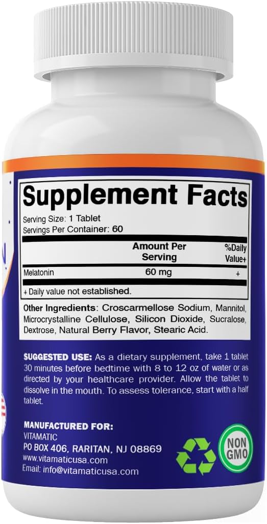 Vitamatic Melatonin 60 mg Fast Dissolve Tablets - 60 Vegan Natural Berry Flavor Tablets - Non-Habit Forming - Non-GMO, Gluten Free (2 Bottles)