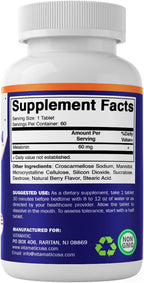 Vitamatic Melatonin 60 mg Fast Dissolve Tablets - 60 Vegan Natural Berry Flavor Tablets - Non-Habit Forming - Non-GMO, Gluten Free (1 Bottle)