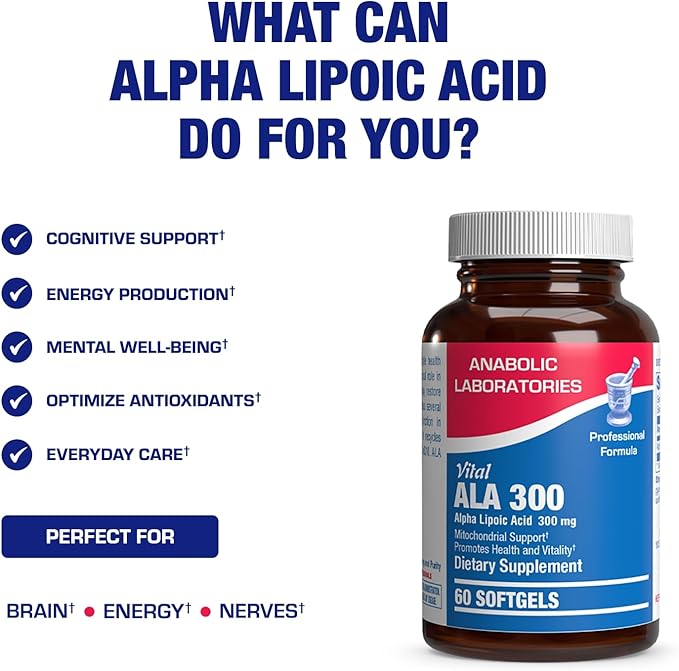 Alpha Lipoic Acid 300mg - Clinical Formula ALA Supplement for Liver Eye Brain Mitochondria Energy Antioxidant & Nerve Support - Non-GMO Soy Free & Easy to Swallow Softgels - 60 Servings