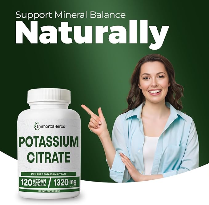 Potassium Citrate Supplement 1320mg, High Absorption Powder, 120 Vegan Capsules, Non-GMO & Gluten-Free Potassium Supplements for Women and Men